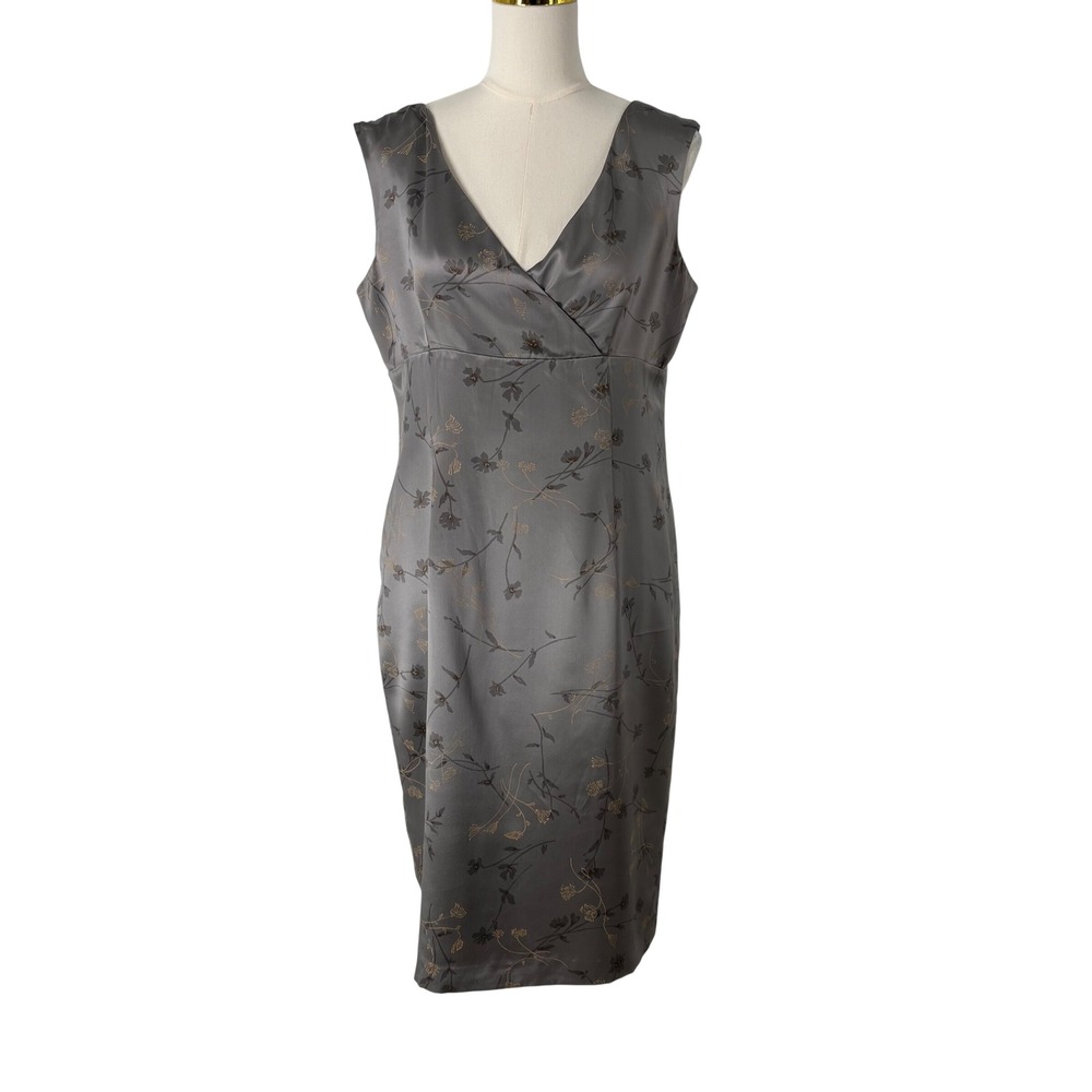 Vintage Y2K Womens Grey 100% Silk Floral Empire Waist Midi Sheath Dress 14